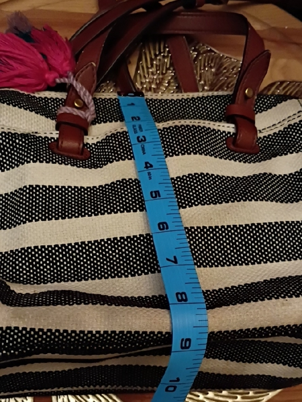 Fossil Black and White Striped Satchel with Brown Leather Trim and Pink Tassel - Picture 12 of 12